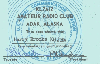 KL7AIZ membership card Adak, Alaska - circa 1972